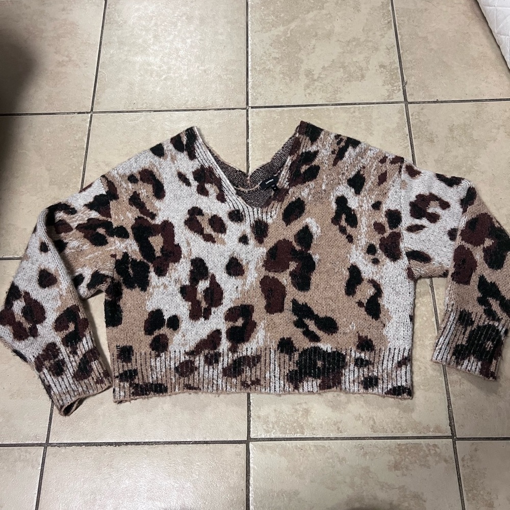Express Brown and Black V-Neck Sweater with Animal Print